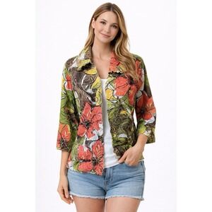 Trenz by Theresa Renz Woman Green Orange Blazer All Over Floral Bohemian Large